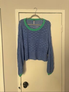 Free People Blue Open-Weave Pullover with Green Trim